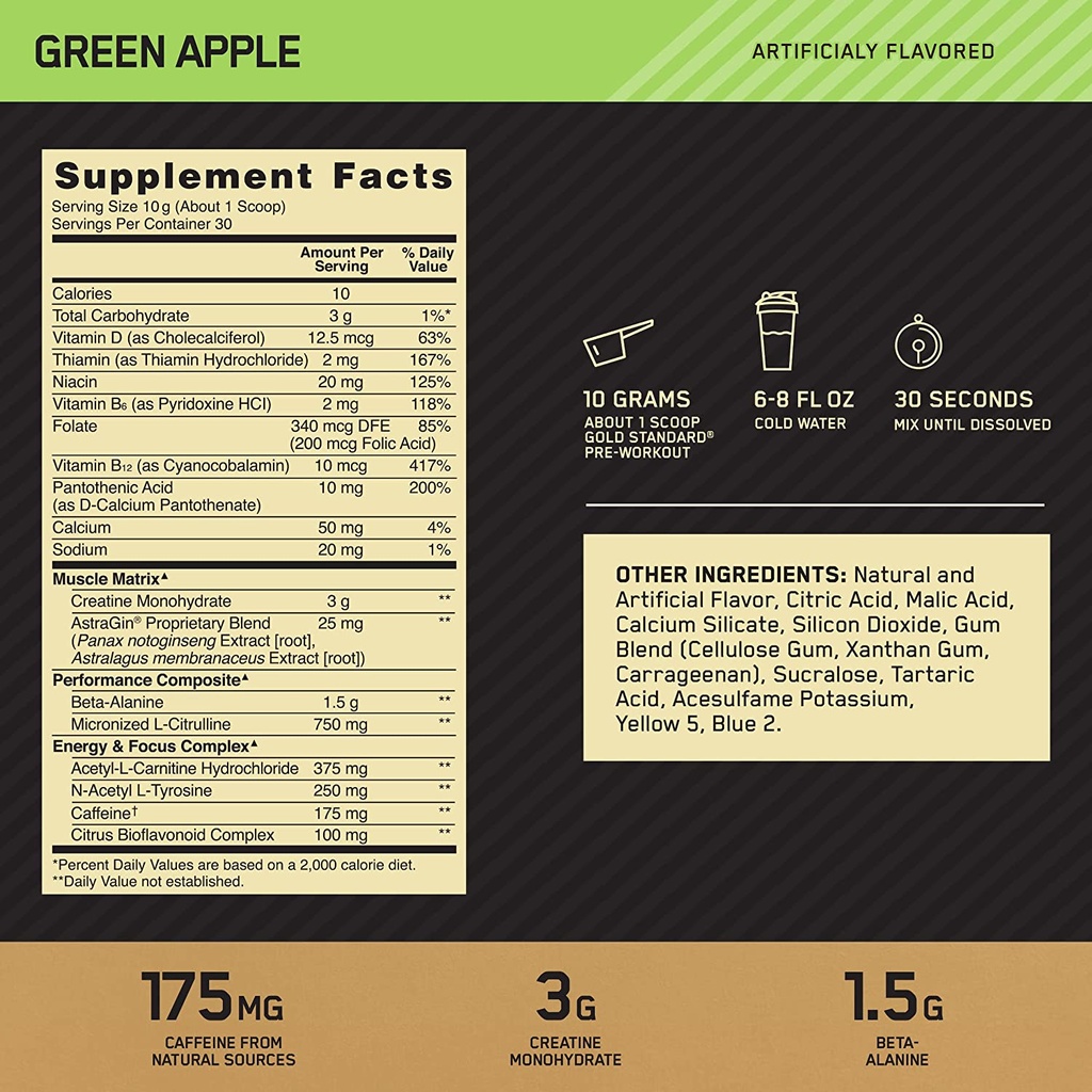 Optimum Nutrition Gold Standard Pre-Workout 30 Servings-Green Apple