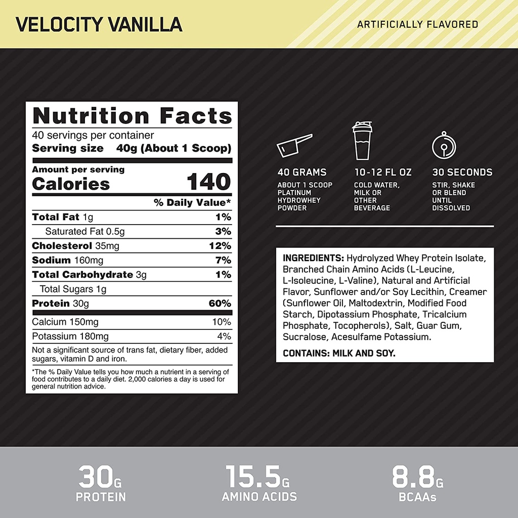 Optimum Nutrition Platinum Hydro Whey-40Serv.-1.59KG-Velocity Vanilla