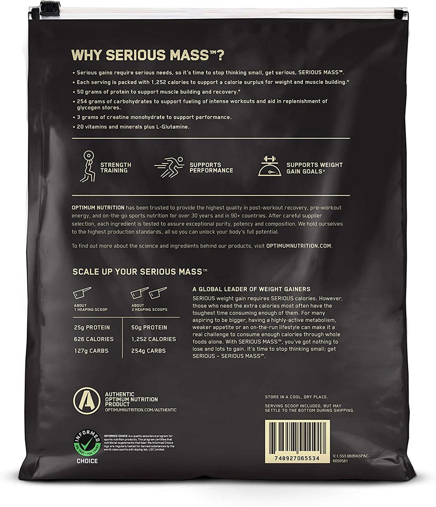 Optimum Nutrition Serious Mass High Protein Weight Gainer, 5.44 Kgs - Strawberry