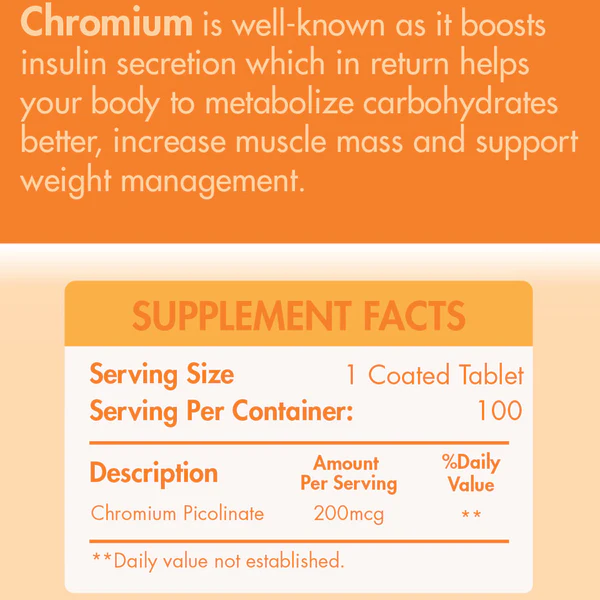 Organic Nation Chromium Picolinate 200MCG-100Serv.-100Coated Tablets