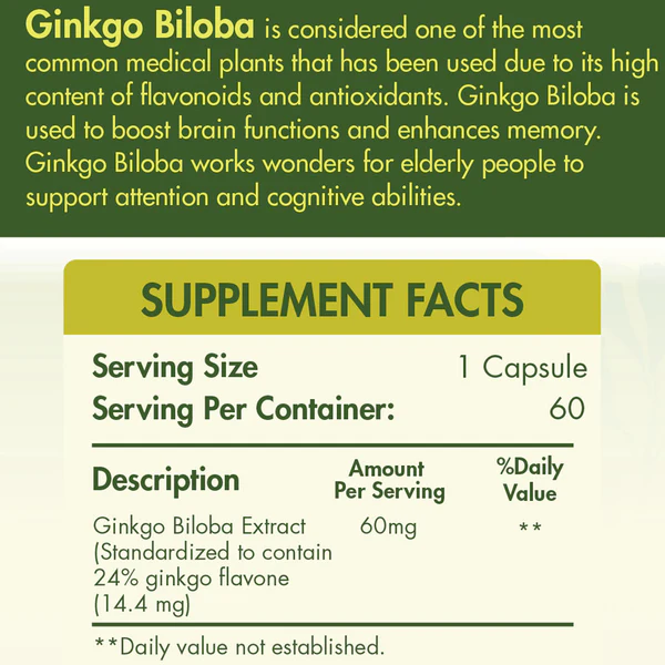 Organic Nation Ginkgo Biloba 60MG- 60Serv.-60Coated Tablets