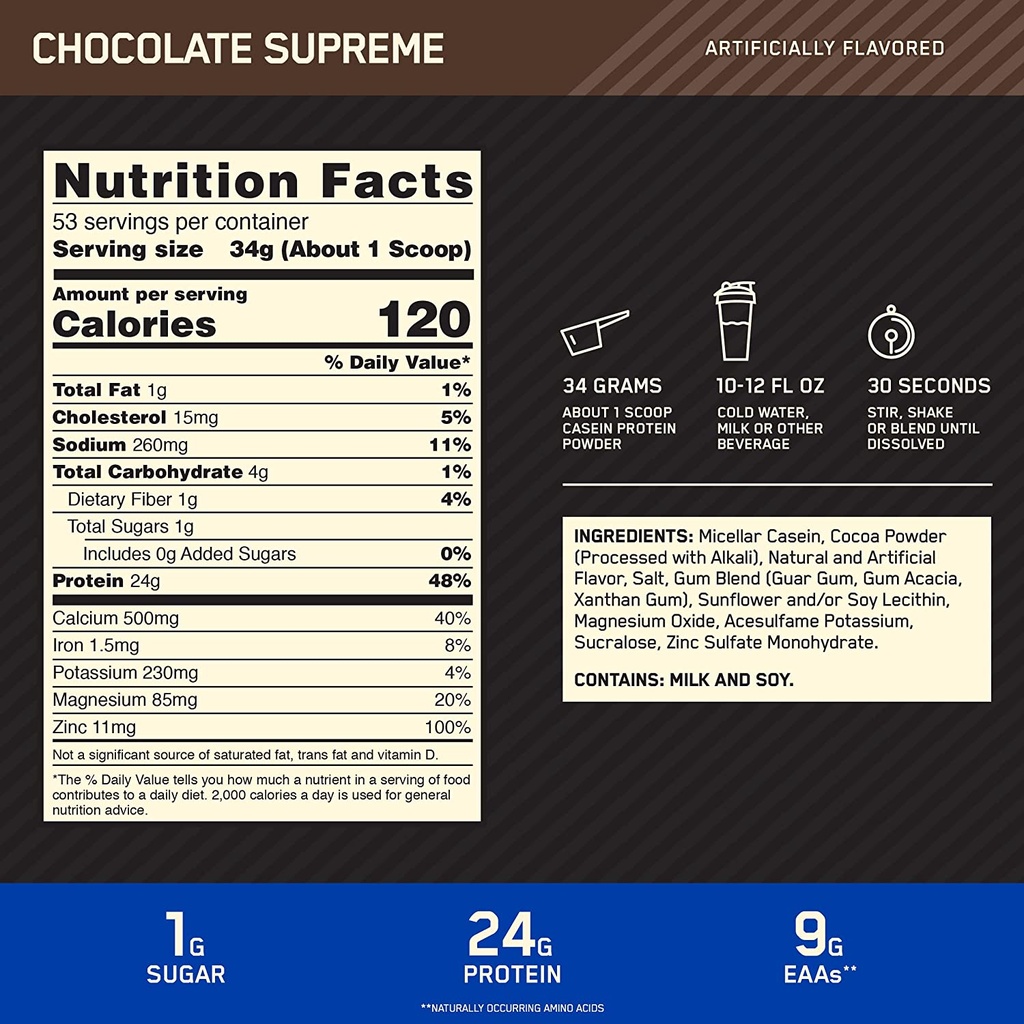 Optimum Nutrition Gold Standard 100% Casein - 1.8Kg -53 Serv. -Chocolate