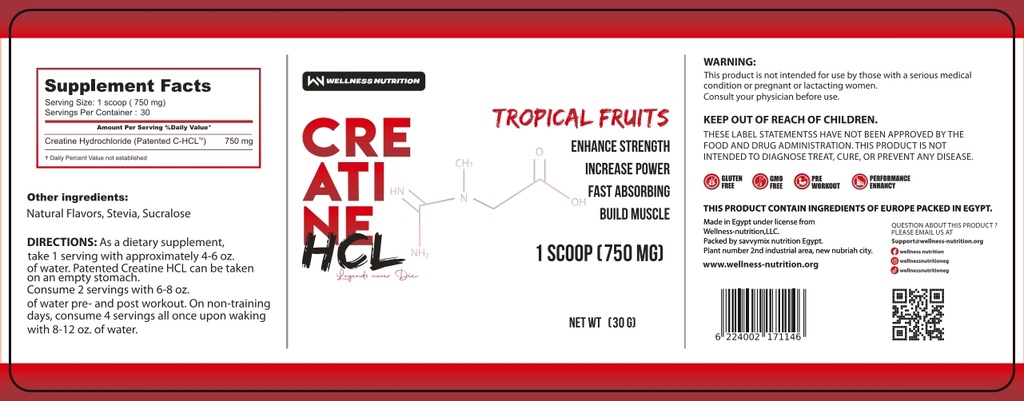 WellnessNutrition-Creatine HCL  30 Ser (30) Gm -Tropical Fruits