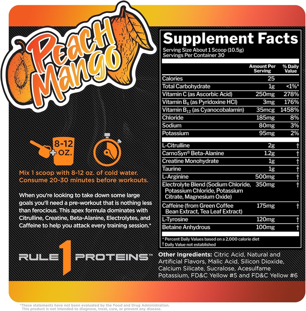 Rule 1 ROAR Pre-Workout Peach Mango- 30 Servings
