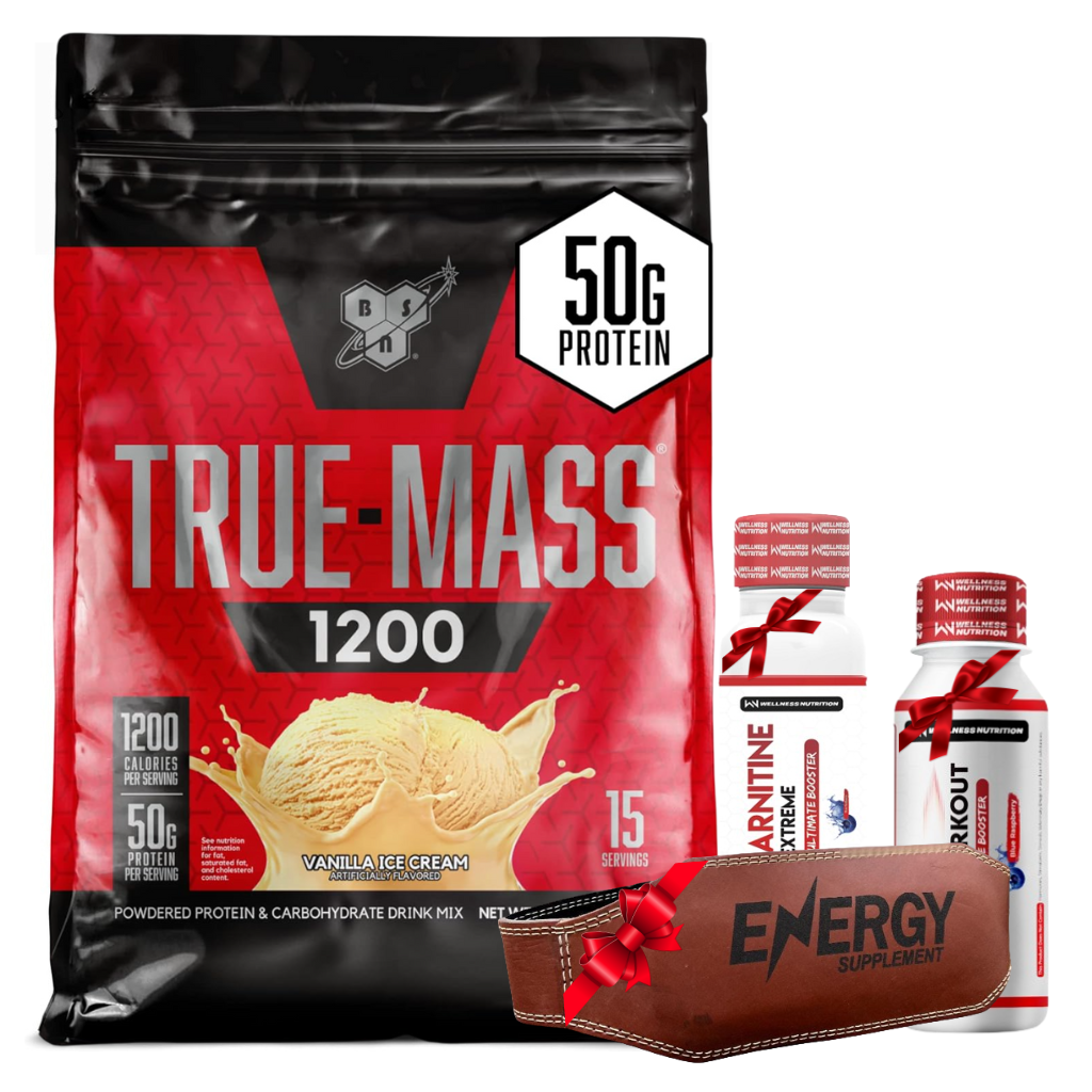 BSN - True Mass - 4.71 Kg - 15 Serving- Vanilla ice cream +Wellness Nutrition L-Carnitine 3500MG Extreme Shot Ampoule-50Ml-2Serv-Blueberry+Wellness Nutrition Pump Pre-Workout Shot -60Ml-BlueBerry+Energy Back belt