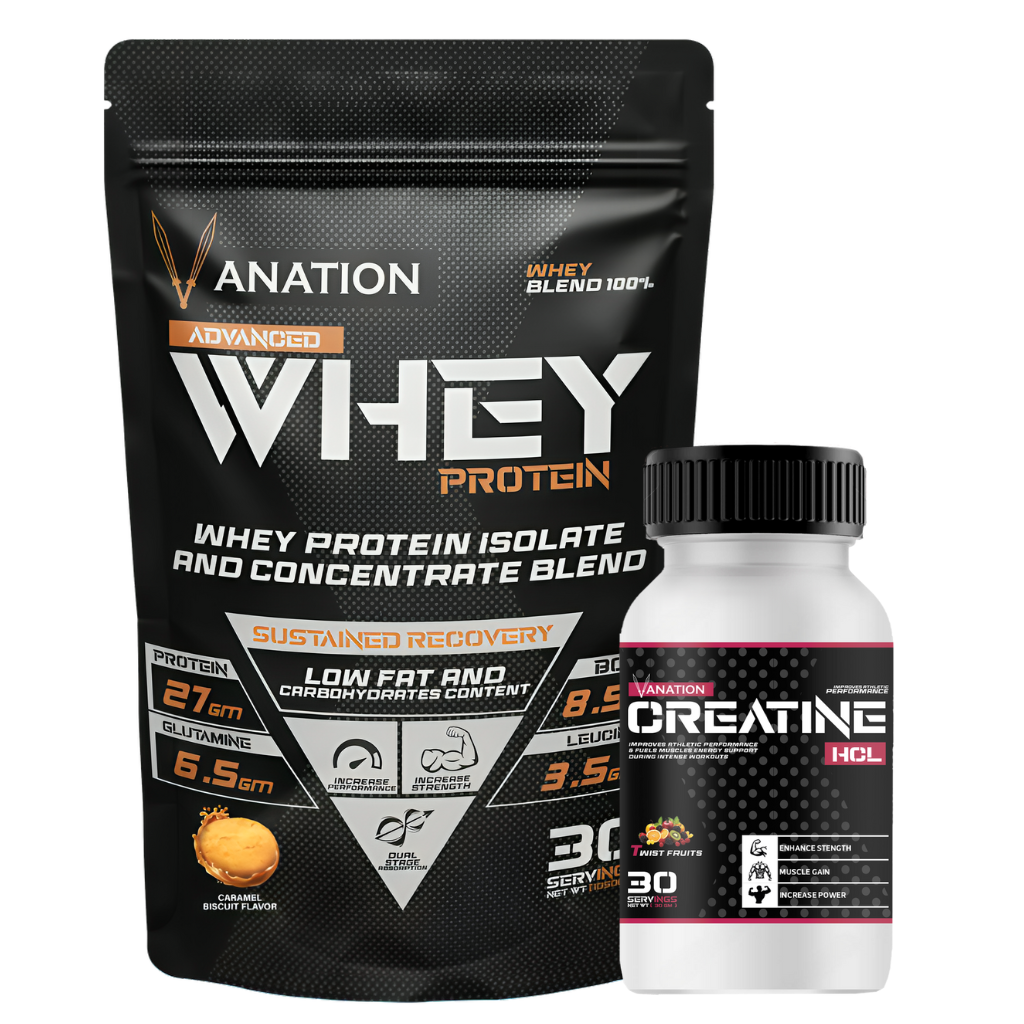 Vanation Whey Protein 100% - 30 Serv. -1050 Mg -(Caramel Biscuit)+Vanation Creatine HCL 30 Serv.-Twist Fruits