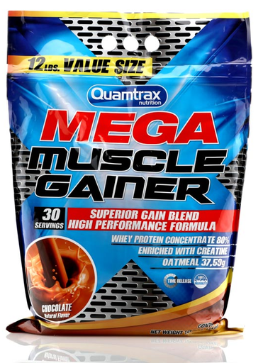[8436046979734] Quamtrax Nutrition Mega Muscle Gainer-5k -12lbs Chocolate
