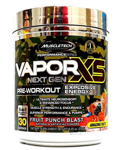 [631656254020] Muscletech Vapor X5 Pre-Workout 30 Serv.-Fruit Punch Plast