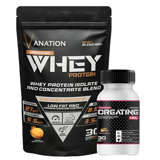 [87978677646] Vanation Whey Protein 100% - 30 Serv. -1050 Mg -(Caramel Biscuit)+Vanation Creatine HCL 30 Serv.-Tropical Fruits