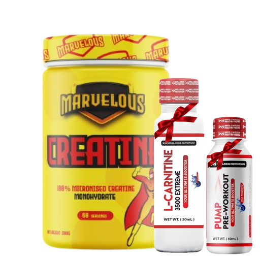 [45877876785573475] Marvelous Nutrition-Creatine Monohydrate-60 Serv.-300gm+Wellness Nutrition L-Carnitine 3500MG Extreme Shot Ampoule-2Serv-50Ml+Wellness Nutrition Pump Pre-Workout Shot -60Ml-BlueBerry