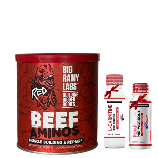 [536478488] Big Ramy Labs Red Rex Beef Aminos-100Serv.- 300 Coated Tablets+Wellness Nutrition L-Carnitine 3500MG Extreme Shot Ampoule-2Serv-50Ml+Wellness Nutrition Pump Pre-Workout Shot -60Ml-BlueBerry