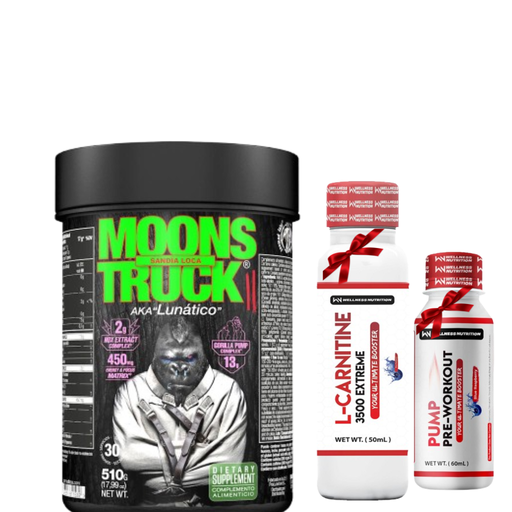 Zoomad Labs Moons Truck 30 Servings-Sandia Loca+Wellness Nutrition L-Carnitine 3500MG Extreme Shot Ampoule-2Serv-50Ml+Wellness Nutrition Pump Pre-Workout Shot -60Ml-BlueBerry