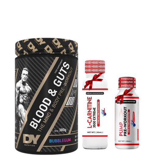 Dy Nutrition Blood&Guts The Mind&Body Pre-Workout-20Serv.-380G.-Bubble Gum+Wellness Nutrition L-Carnitine 3500MG Extreme Shot Ampoule-2Serv-50Ml+Wellness Nutrition Pump Pre-Workout Shot -60Ml-BlueBerry