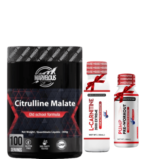 [6535265436] Marvelous Nutrition Citrulline Malate old School Formula-100Serv.-300G.-Unflavored+Wellness Nutrition L-Carnitine 3500MG Extreme Shot Ampoule-2Serv-50Ml+Wellness Nutrition Pump Pre-Workout Shot -60Ml-BlueBerry