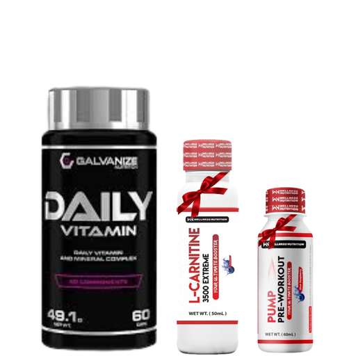 [53467577868] Galvanize Nutrition Daily Vitamin 60 Capsules+Wellness Nutrition L-Carnitine 3500MG Extreme Shot Ampoule-2Serv-50Ml+Wellness Nutrition Pump Pre-Workout Shot -60Ml-BlueBerry