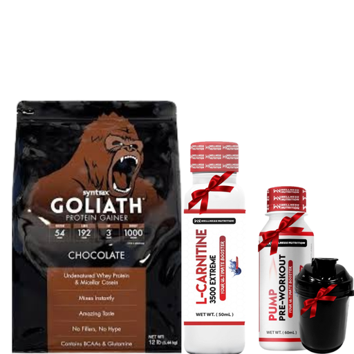 [86352786537837] Syntrax GOLIATH Protein Gainer-Choclate- 41 sev-.5.44 Kg.+Wellness Nutrition L-Carnitine 3500MG Extreme Shot Ampoule-2Serv-50Ml-Blueberry+Wellness Nutrition Pump Pre-Workout Shot -60Ml-BlueBerry+Energy Smart Shaker