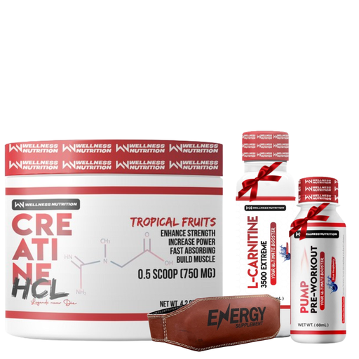 [74767568675] Wellness Nutrition Creatine HCL 120 Serv.-Tropical Fruits+Wellness Nutrition L-Carnitine 3500MG Extreme Shot Ampoule-2Serv-50Ml+Wellness Nutrition Pump Pre-Workout Shot -60Ml-BlueBerry+Back belt - Energy