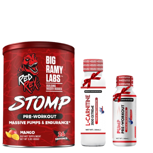 [663887900] Big Ramy Labs - Stomp Pre workout - 26 serving - Fruit Punch+Wellness Nutrition L-Carnitine 3500MG Extreme Shot Ampoule-2Serv-50Ml-Blueberry+Wellness Nutrition Pump Pre-Workout Shot -60Ml-BlueBerry