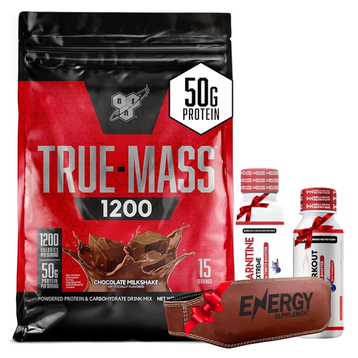 [563476899670] BSN - True Mass - 4.71 Kg - 15 Serving- Chocolate Milkshake+Wellness Nutrition L-Carnitine 3500MG Extreme Shot Ampoule-2Serv-50Ml-Blueberry+Wellness Nutrition Pump Pre-Workout Shot -60Ml-BlueBerry+ Energy Back Belt