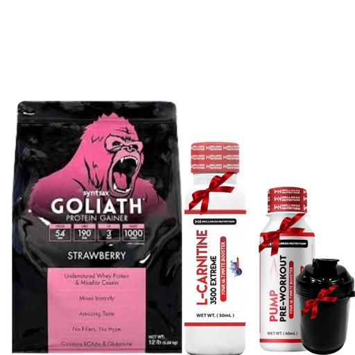 [324748979] Syntrax GOLIATH Protein Gainer-Strawberry- 41 sev-.5.44 Kg.+Wellness Nutrition L-Carnitine 3500MG Extreme Shot Ampoule-2Serv-50Ml-Blueberry+Wellness Nutrition Pump Pre-Workout Shot -60Ml-BlueBerry+Energy smart shaker