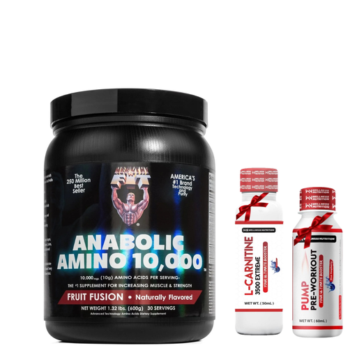 Healthy N' Fit - Anabolic Amino 10,000 - 600Gm - 30 Serv. - Fruit Fusion+Wellness Nutrition L-Carnitine 3500MG Extreme Shot Ampoule-2Serv-50Ml-Blueberry+Wellness Nutrition Pump Pre-Workout Shot -60Ml-BlueBerry
