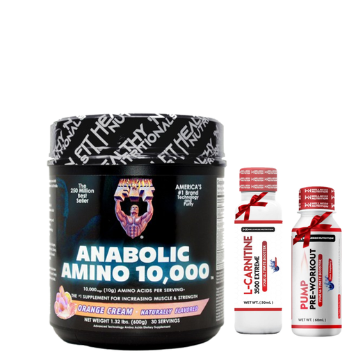 [5274885699] Healthy N' Fit - Anabolic Amino 10,000 - 600Gm - 30 Serv. - Orange cream+Wellness Nutrition L-Carnitine 3500MG Extreme Shot Ampoule-2Serv-50Ml-Blueberry+Wellness Nutrition Pump Pre-Workout Shot -60Ml-BlueBerry