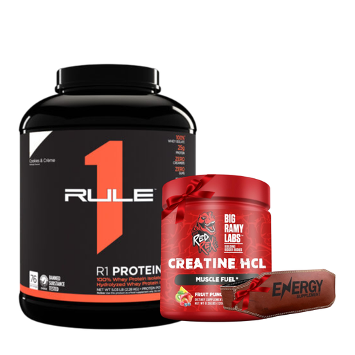 [4655432424452] Rule One 100% Whey Protein Isolate&Hydrolyzed Whey Protei Isolate-2.24KG -76Ser - Frozen banana+Big Ramy Labs Red Rex Creatine Hcl-.120Serv-120g-.Fruit Punch+Back belt